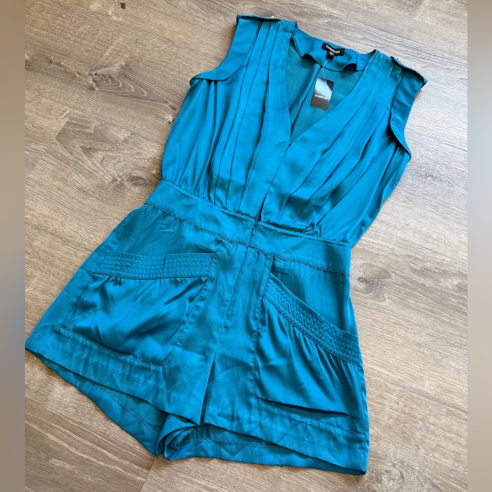 bebe Teal Sleeveless V-Neck Satin Romper